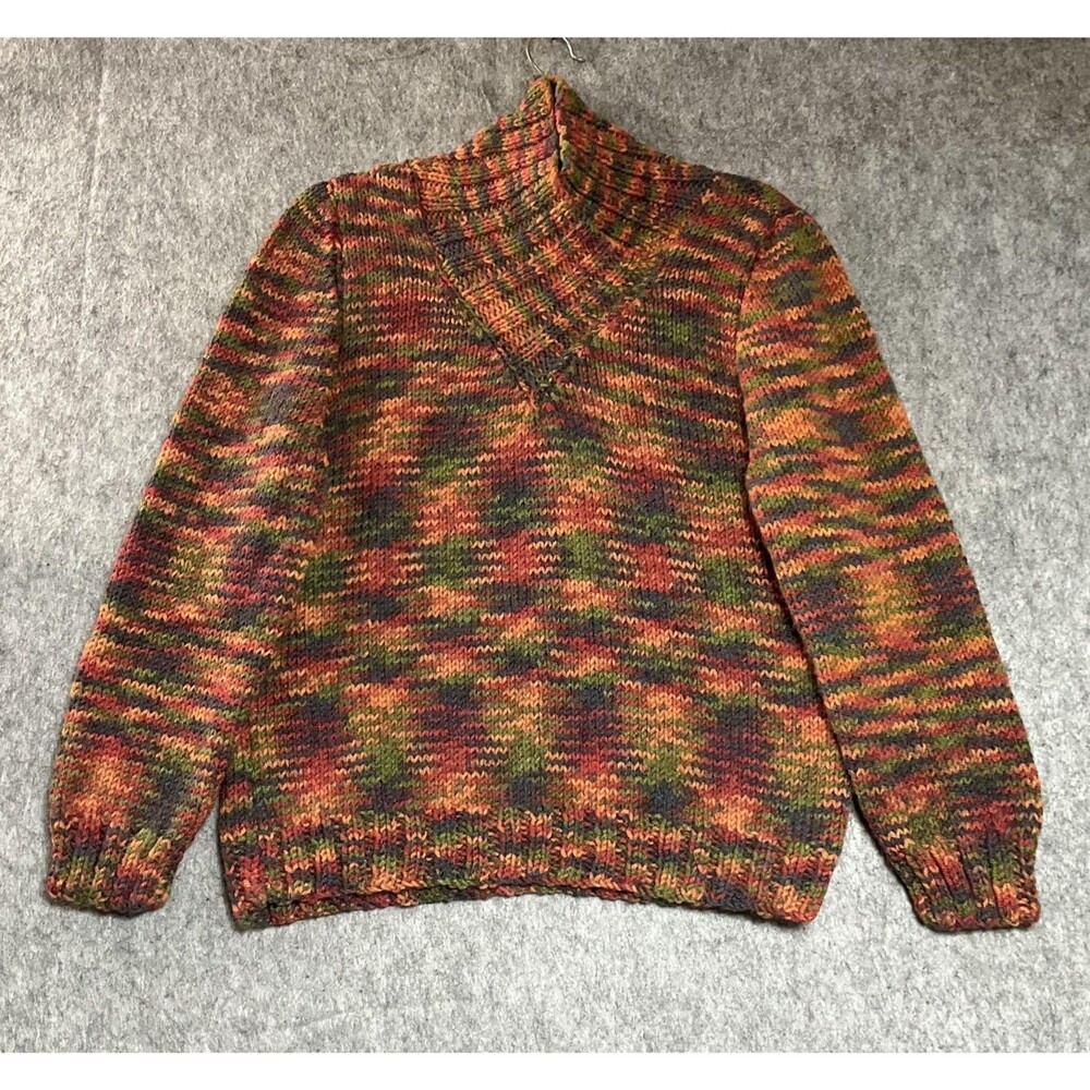 Hand Knit Sweater Womens Medium Multicolor Crochet Mock Neck Pullover Cottage